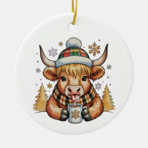 Highland Cow Christmas Fluffy Cosy Cute Gold Xmas Ceramic Tree Decoration