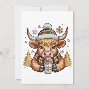 Highland Cow Christmas Fluffy Cosy Cute Gold Xmas Holiday Card