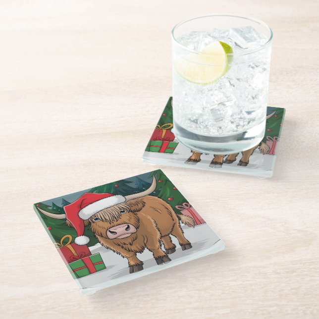 Highland Cow Christmas Glass Coaster (Angled)