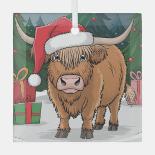 Highland Cow Christmas Glass Tree Decoration