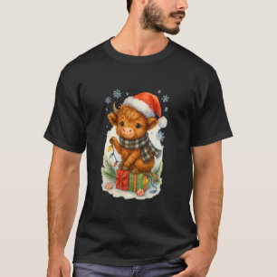 Highland Cow Christmas Lights Cute Santa Hat Water T-Shirt