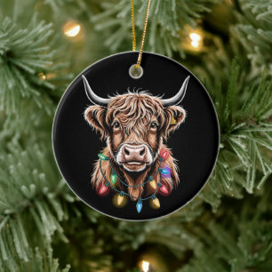 Highland Cow Christmas Lights Holiday Festive Xmas Ceramic Tree Decoration