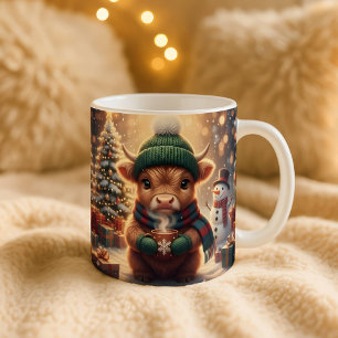 Highland Cow Christmas Mug, Cute Calf Art, Holiday Large Coffee Mug