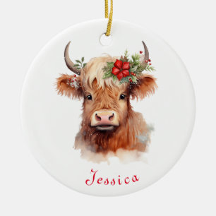 Highland Cow Christmas Santa Hat Personalized Name Ceramic Tree Decoration