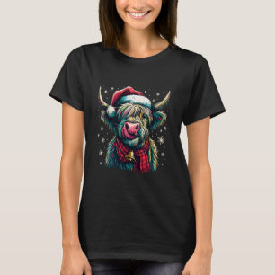 Highland Cow Christmas Santa Hat Plaid Bell Holida T-Shirt