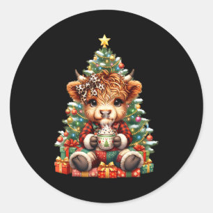 Highland Cow Christmas Tree Cute Heifer Cow Mooey Classic Round Sticker