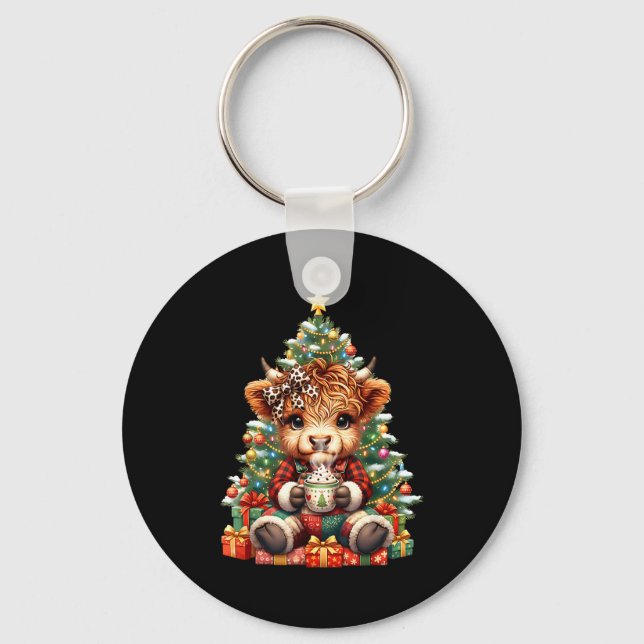 Highland Cow Christmas Tree Cute Heifer Cow Mooey  Key Ring (Front)