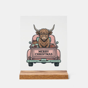 Highland Cow Christmas Truck Vintage Engraving Shi Acrylic Sign