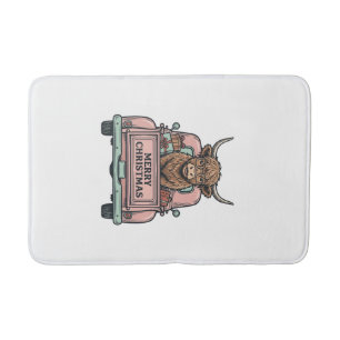 Highland Cow Christmas Truck Vintage Engraving Shi Bath Mat