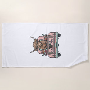 Highland Cow Christmas Truck Vintage Engraving Shi Beach Towel