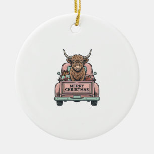 Highland Cow Christmas Truck Vintage Engraving Shi Ceramic Tree Decoration
