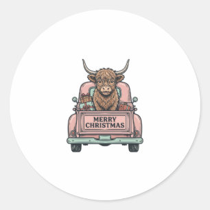 Highland Cow Christmas Truck Vintage Engraving Shi Classic Round Sticker