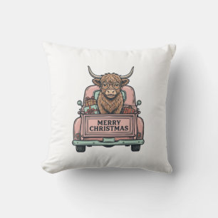 Highland Cow Christmas Truck Vintage Engraving Shi Cushion