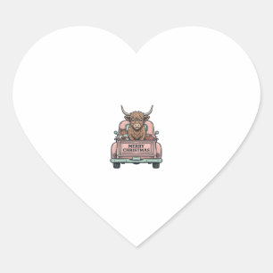Highland Cow Christmas Truck Vintage Engraving Shi Heart Sticker