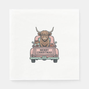 Highland Cow Christmas Truck Vintage Engraving Shi Napkin