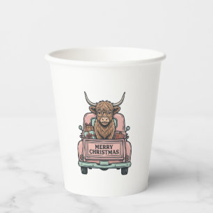 Highland Cow Christmas Truck Vintage Engraving Shi Paper Cups