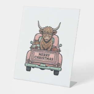 Highland Cow Christmas Truck Vintage Engraving Shi Pedestal Sign