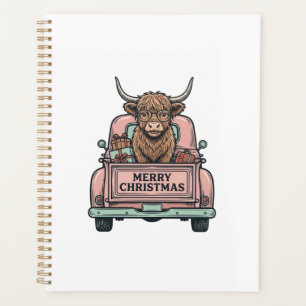 Highland Cow Christmas Truck Vintage Engraving Shi Planner