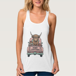 Highland Cow Christmas Truck Vintage Engraving Shi Singlet