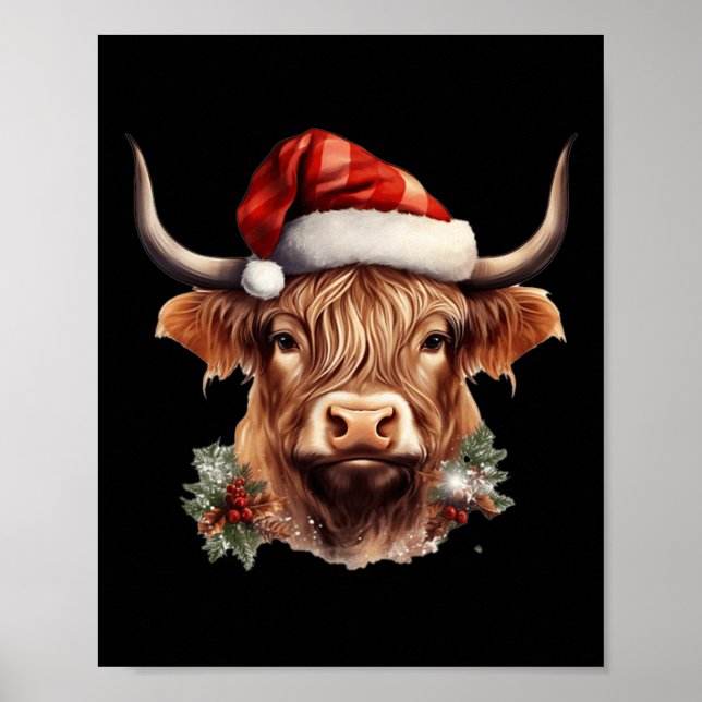 Highland Cow Christmas Xmas Santa Wooly Farm Anima Poster (Front)