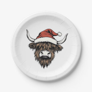 Highland Cow Christmas Xmas Santa Wooly Farm Paper Plate