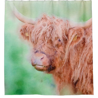 Highland cow close up watercolor shower curtain