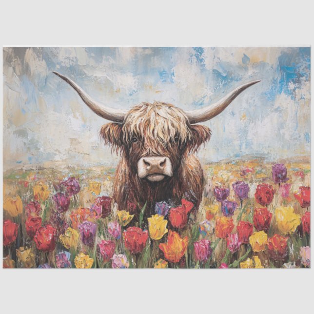 Highland Cow Colourful Tulips Decoupage Tissue Paper (Front)