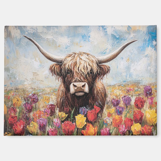 Highland Cow Colourful Tulips Painting Magnet (Front)