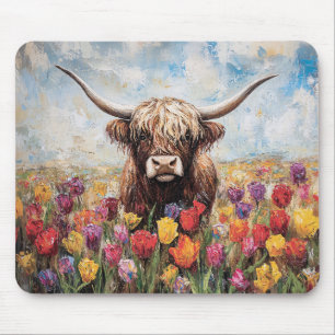 Highland Cow Colourful Tulips Painting Mouse Pad