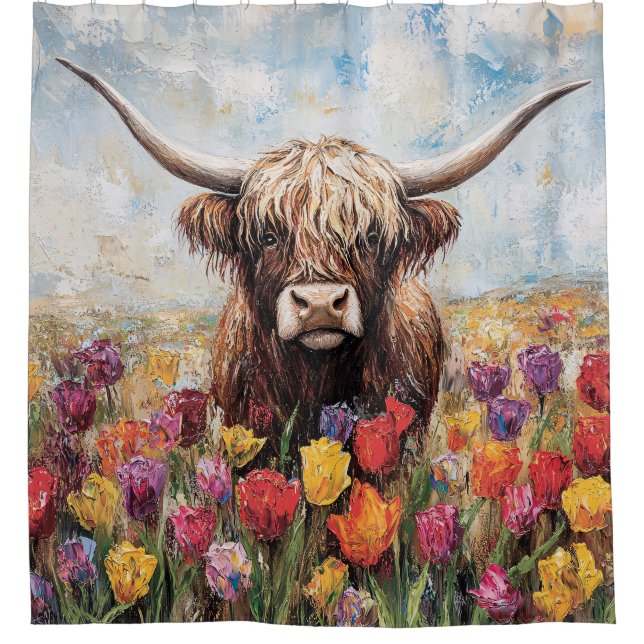 Highland Cow Colourful Tulips Painting Shower Curtain (Front)