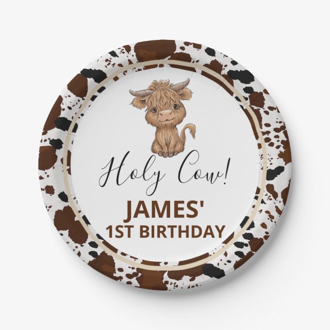 Highland Cow Cow Print Birthday Party Paper Plate (Front)