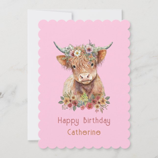 Highland Cow Cute Floral Birthday Watercolor Pink Invitation (Front)