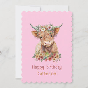 Highland Cow Cute Floral Birthday Watercolor Pink Invitation
