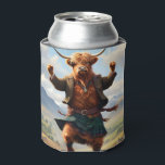 Highland Cow Dancing The Highland Fling, Can Cooler<br><div class="desc">Pictured Dressed In A Kilt And Jacket In The Highlands Of Scotland,  A Highland Cow Is  Dancing The Highland Fling. If You Would Like This Image In Black And White Go To Customize,  Find The Filters Right Side In Designer,  Then Click Black White Filter,  Happy Designing.</div>