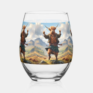 Highland Cow Dancing The Highland Fling, Stemless Wine Glass