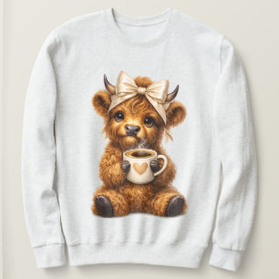 Highland Cow Drink Coffee Wear Cute Leopard Bow —  Sweatshirt