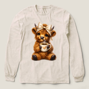 Highland Cow Drink Coffee Wear Cute Leopard Bow —  Tri-Blend Shirt
