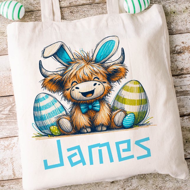 Highland Cow Easter Kids Name Boys Bunny Tote Bag (Boys Easter Tote)