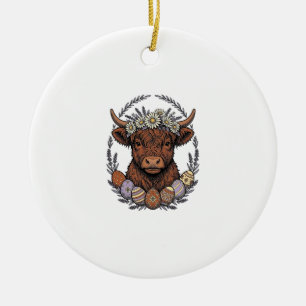 Highland Cow Easter Vintage Floral Egg Art Ceramic Tree Decoration
