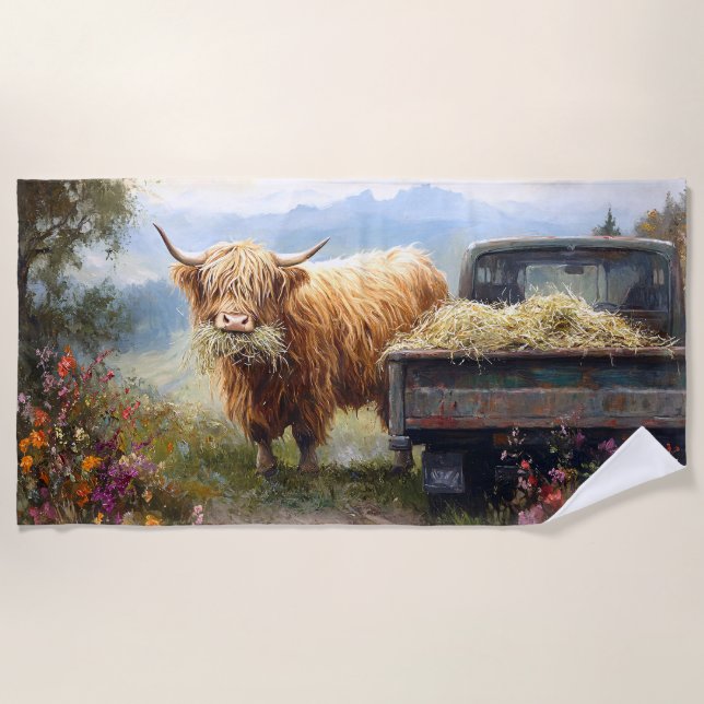 Highland Cow Eating Hay Beach Towel (Front)
