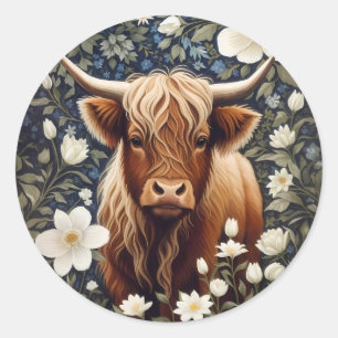 Highland Cow Elegant White Floral Classic Round Sticker