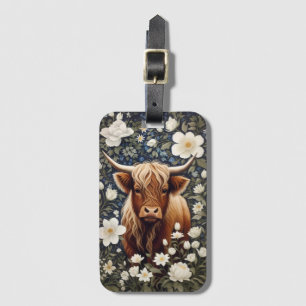 Highland Cow Elegant White Floral Luggage Tag