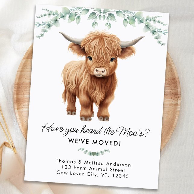 Highland Cow Eucalyptus Farm New Address Moving Announcement Postcard (Creator Uploaded)