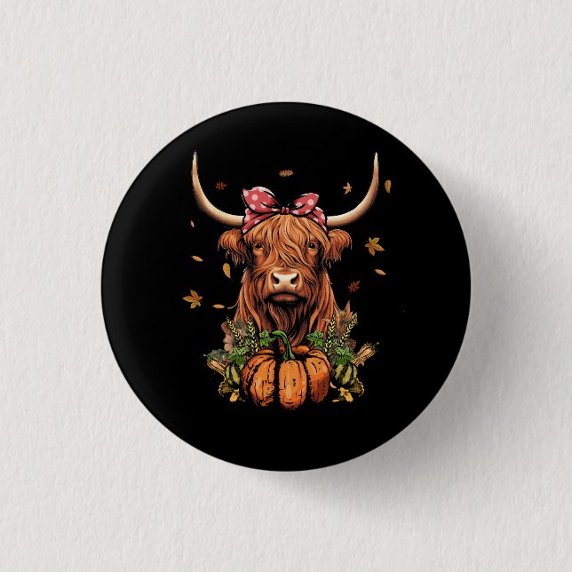 Highland Cow Fall And Leaves Pumpkins Autumn Thank 3 Cm Round Badge (Front)