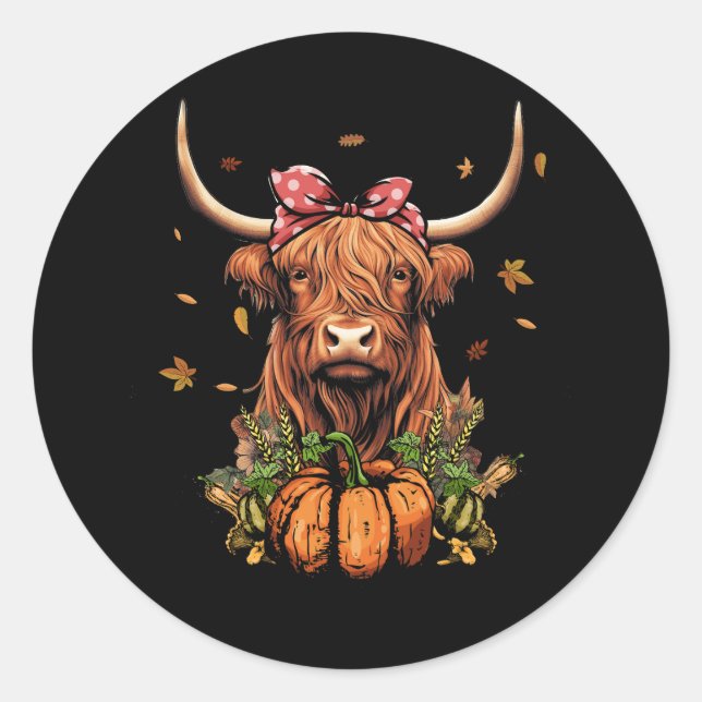 Highland Cow Fall And Leaves Pumpkins Autumn Thank Classic Round Sticker (Front)