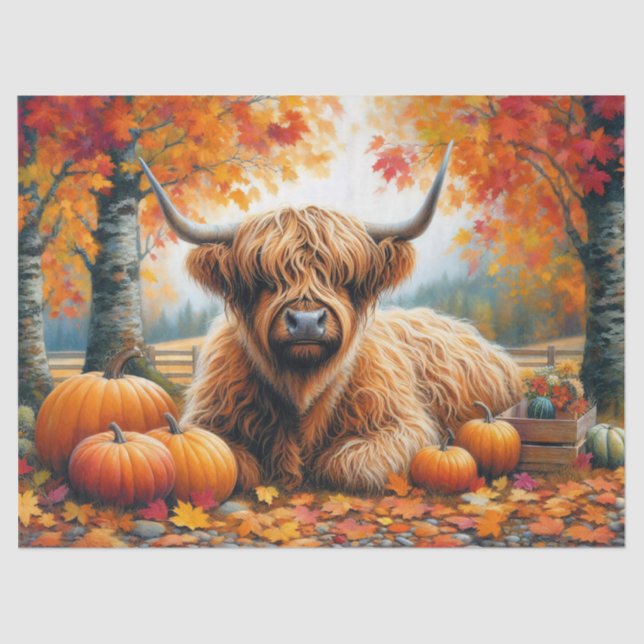 Highland Cow Fall Pumpkins Watercolor Decoupage Tissue Paper (Front)