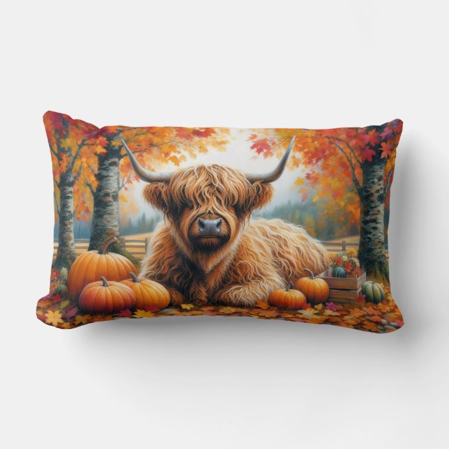 Highland Cow Fall Pumpkins Watercolor Lumbar Cushion (Front)