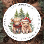 Highland Cow Farmhouse Christmas Return Address Classic Round Sticker<br><div class="desc">Looking for the cutest Christmas cards of the season! Our Highland Cow duo featuring two holiday calves are sure to bring a smile to your loved ones' faces. The design is adorable with the calves wearing a Santa hat and a plaid winter scarf, surrounded by trees and a cosy winter...</div>