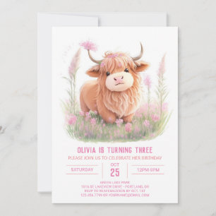 Highland Cow Farmyard Fun Girl Birthday Invitation