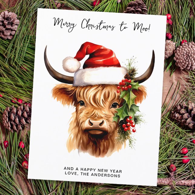 Highland Cow Festive Farm Merry Christmas to MOO Holiday Postcard (Creator Uploaded)